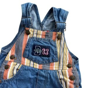 Bugle Boy Baby 12M Blue Denim Orange Striped 2 Tone Overalls Shorts Vintage 90's